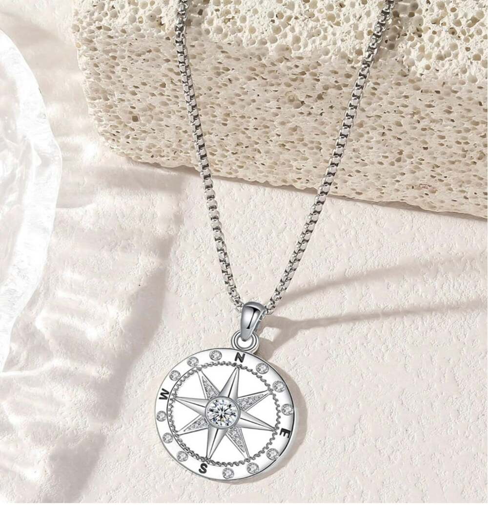Silver Plated Compass Pendant Necklace CZ Adjustable 18-20 Inch. New